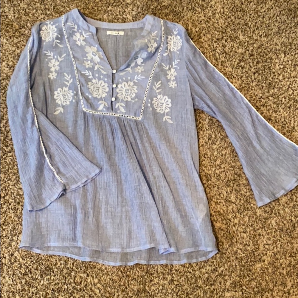 Pale blue sheer blouse with white embroidery